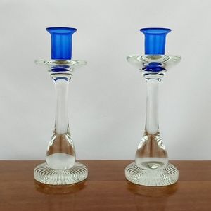 Vintage hand blown art glass candle stick holders clear and cobalt blue